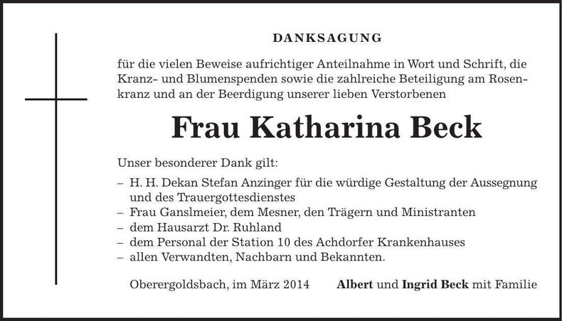 Traueranzeige Katharina Beck