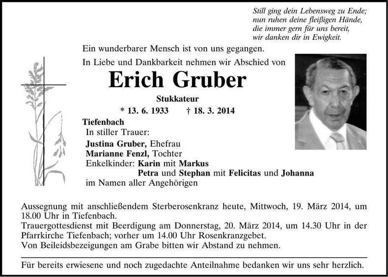 Traueranzeige Erich Gruber