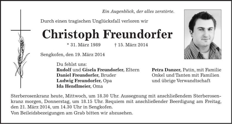 Traueranzeige Christoph Freundorfer