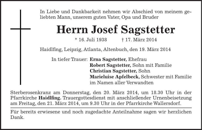 Traueranzeige Josef Sagstetter