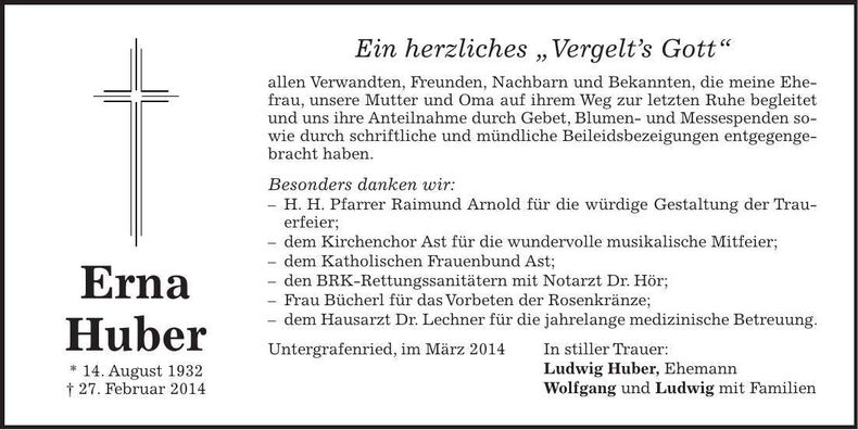 Traueranzeige Erna Huber