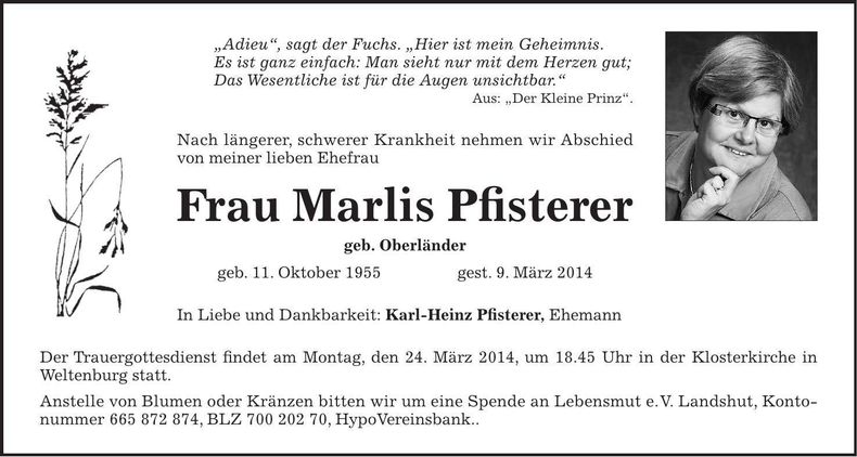 Traueranzeige Marlis Pfisterer