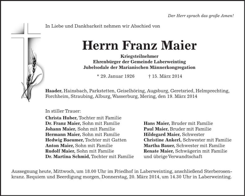 Traueranzeige Franz Maier