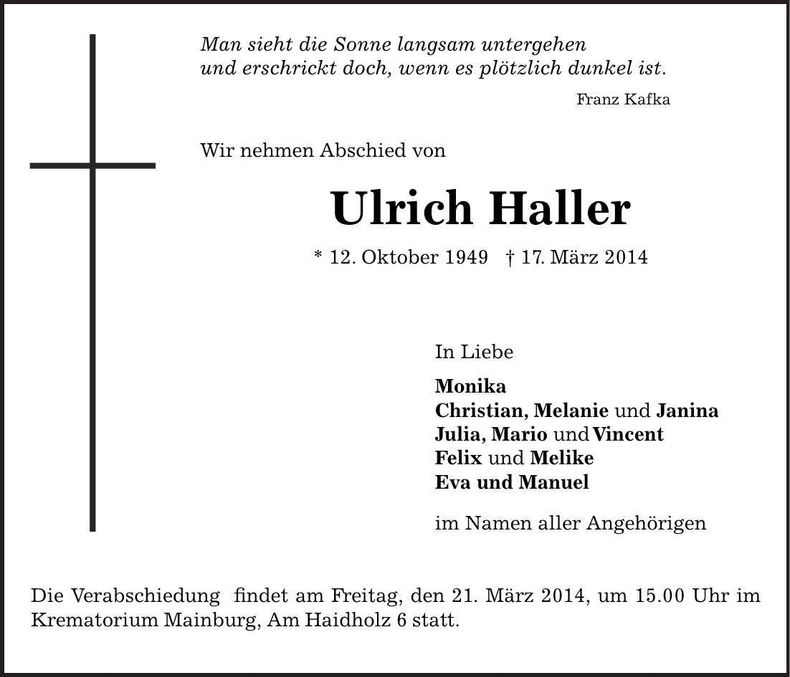 Traueranzeige Ulrich Haller