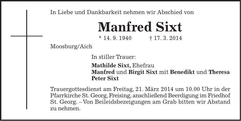 Traueranzeige Manfred Sixt