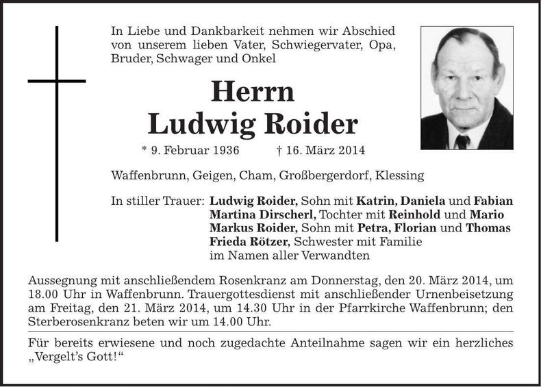 Traueranzeige Ludwig Roider