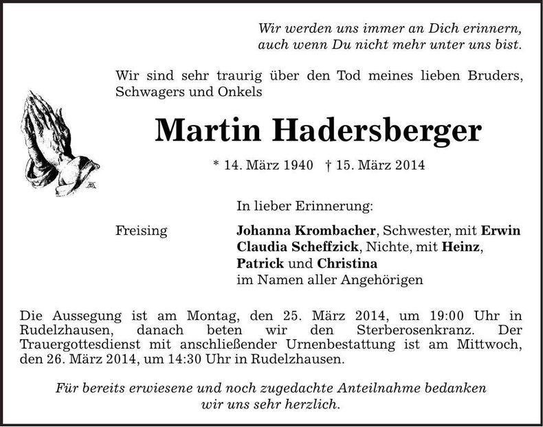 Traueranzeige Martin Hadersberger