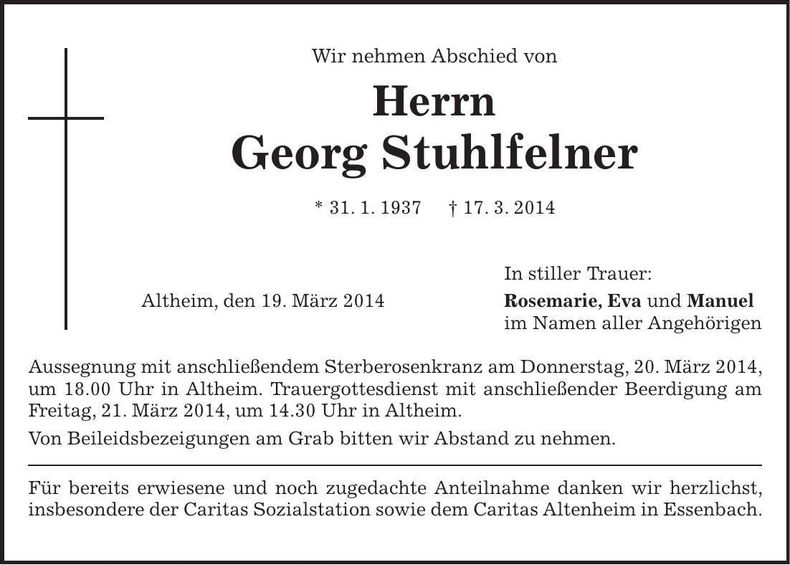 Traueranzeige Georg Stuhlfelner