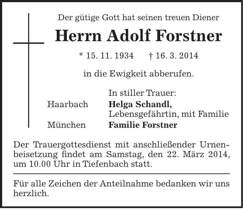 Traueranzeige Adolf Forstner