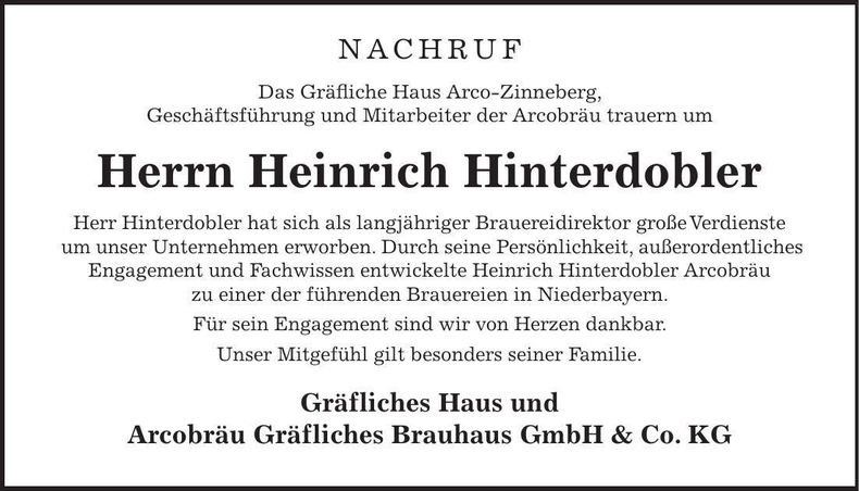 Traueranzeige Heinz Hinterdobler