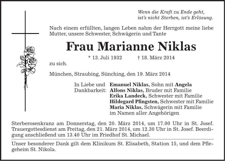 Traueranzeige Marianne Niklas