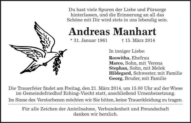 Traueranzeige Andreas Manhart