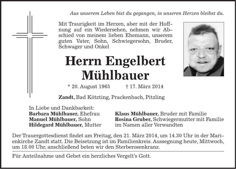 Traueranzeige Engelbert Mühlbauer