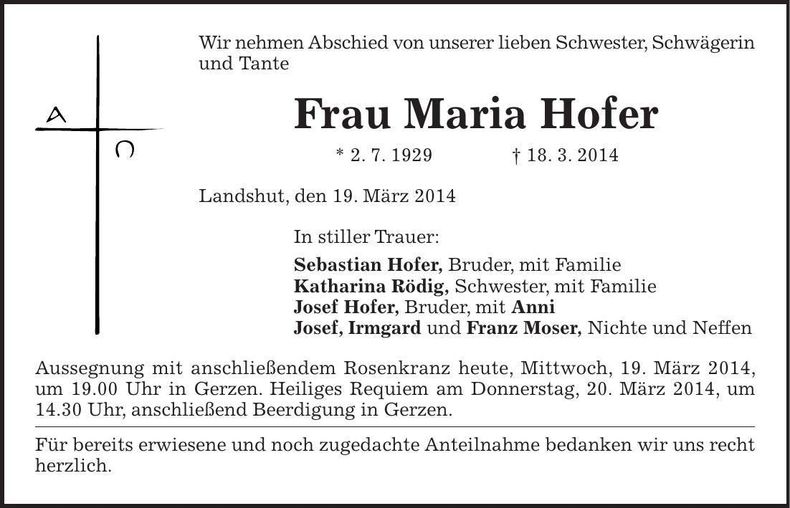 Traueranzeige Maria Hofer