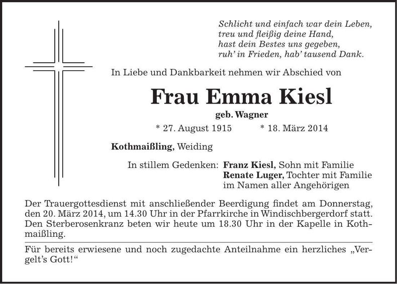Traueranzeige Emma Kiesl