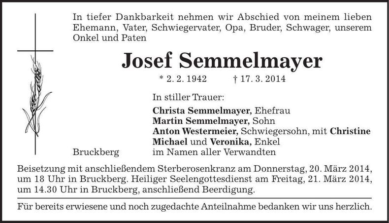 Traueranzeige Josef Semmelmayer