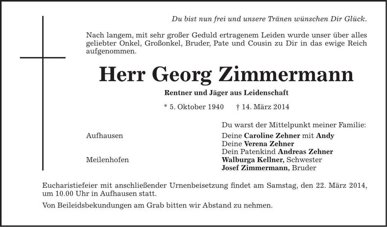 Traueranzeige Georg Zimmermann