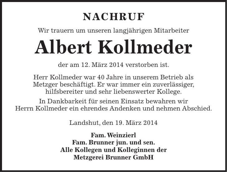 Traueranzeige Albert Kollmeder