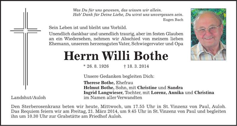 Traueranzeige Willi Bothe
