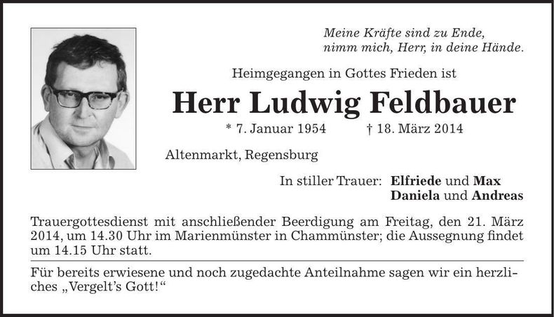 Traueranzeige Ludwig Feldbauer