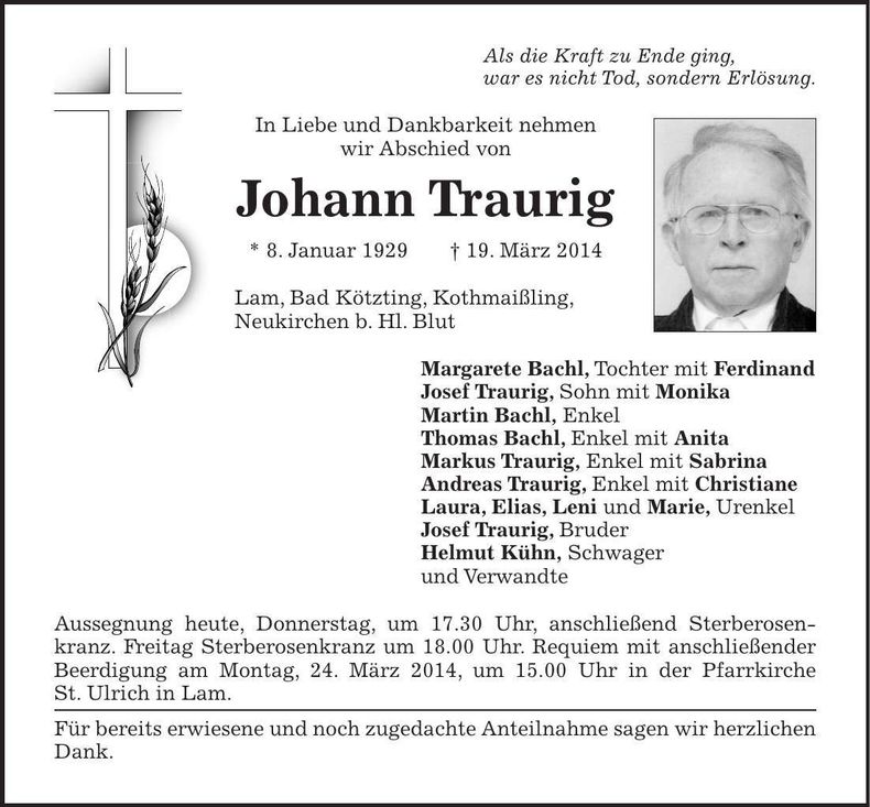 Traueranzeige Johann Traurig