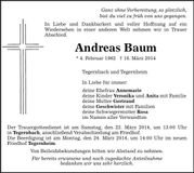 Traueranzeige Andreas Baum