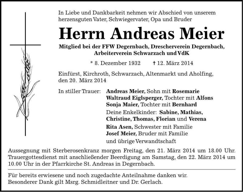 Traueranzeige Andreas Meier