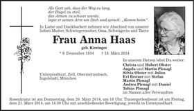Traueranzeige Anna Haas