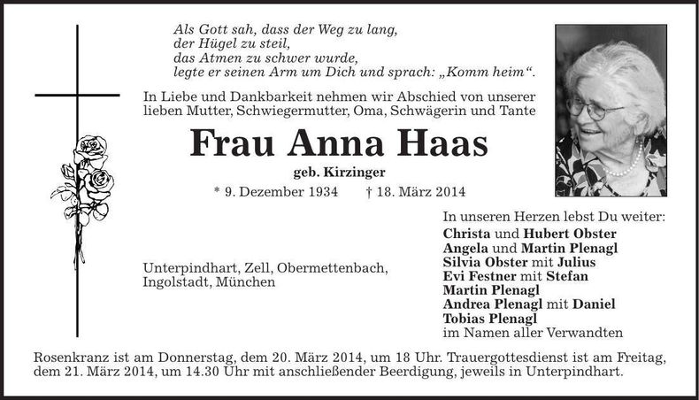 Traueranzeige Anna Haas