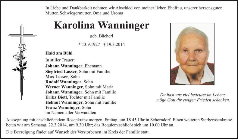 Traueranzeige Karolina Wanninger