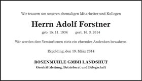 Traueranzeige Adolf Forstner