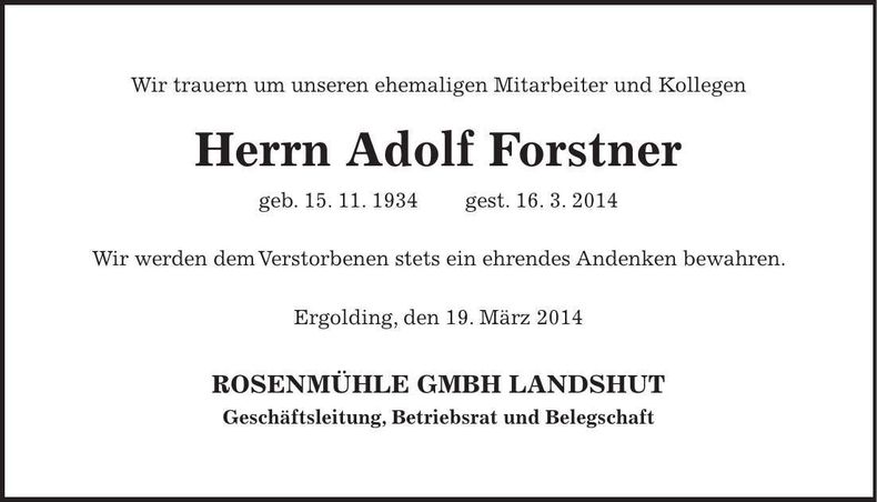 Traueranzeige Adolf Forstner