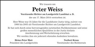 Traueranzeige Peter Weiss