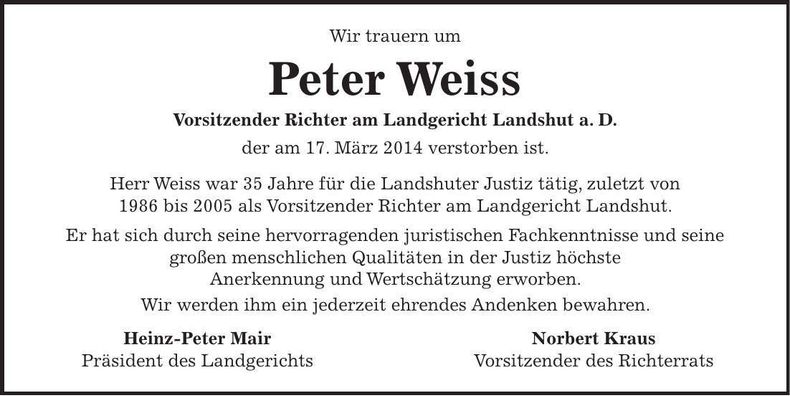 Traueranzeige Peter Weiss