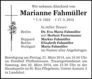 Traueranzeige Marianne Fahmüller