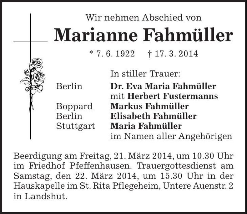Traueranzeige Marianne Fahmüller