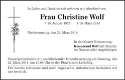 Traueranzeige Christine Wolf
