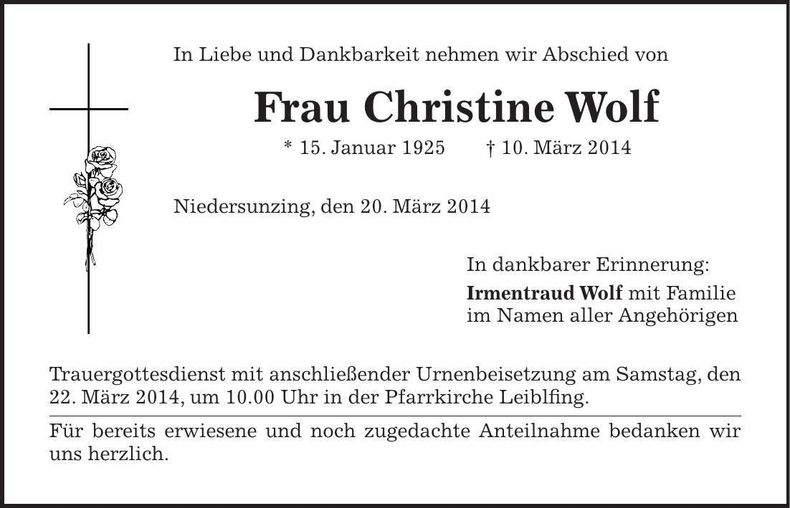 Traueranzeige Christine Wolf