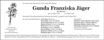 Traueranzeige Gunda Franziska Jäger