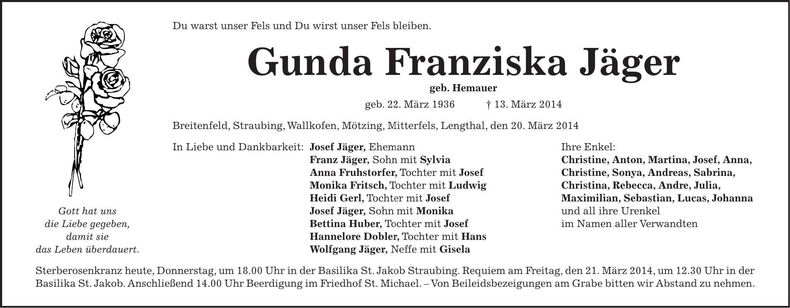 Traueranzeige Gunda Franziska Jäger