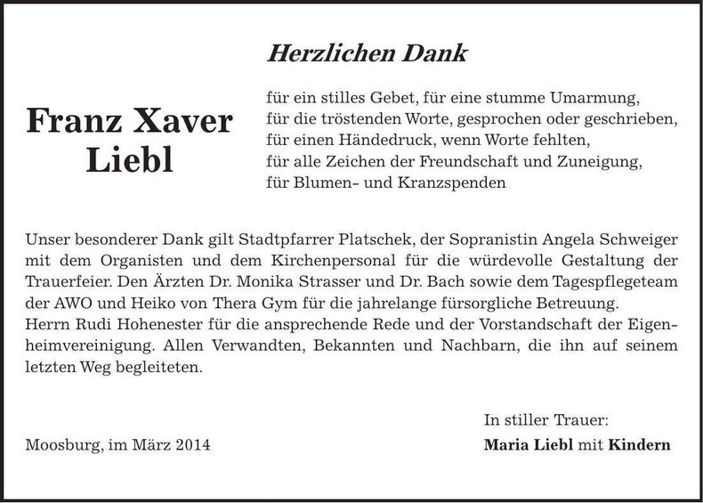 Traueranzeige Franz Xaver Liebl