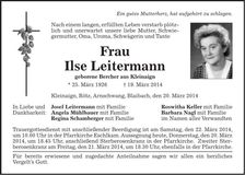 Traueranzeige Ilse Leitermann