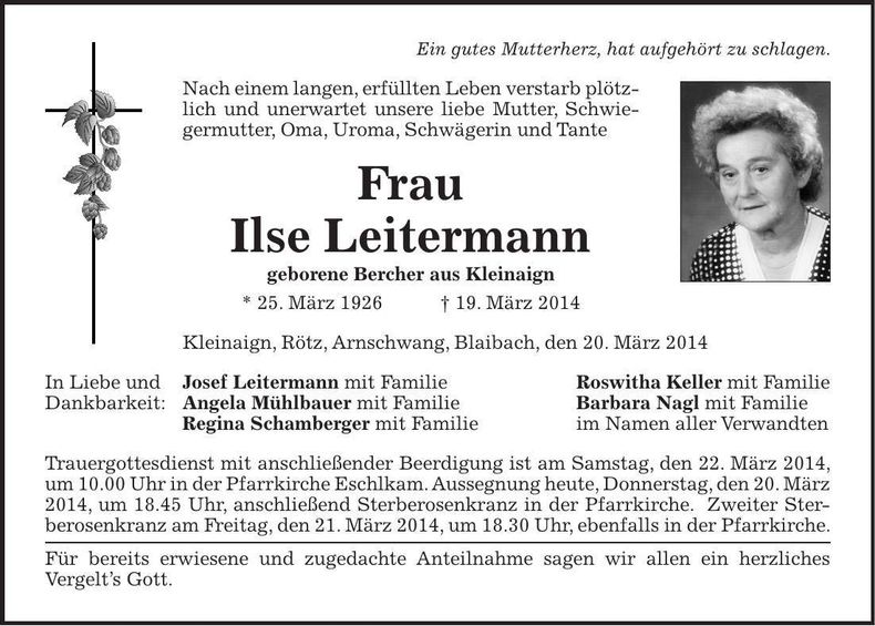 Traueranzeige Ilse Leitermann