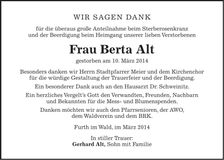 Traueranzeige Berta Alt