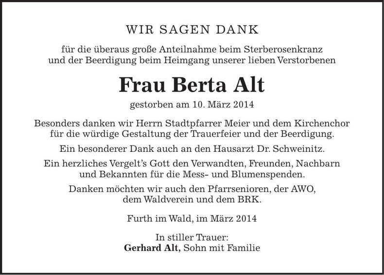 Traueranzeige Berta Alt