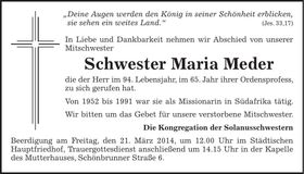 Traueranzeige Maria Meder