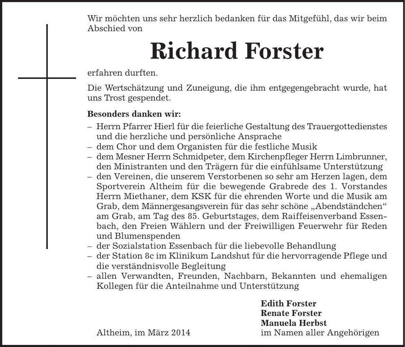 Traueranzeige Richard Forster
