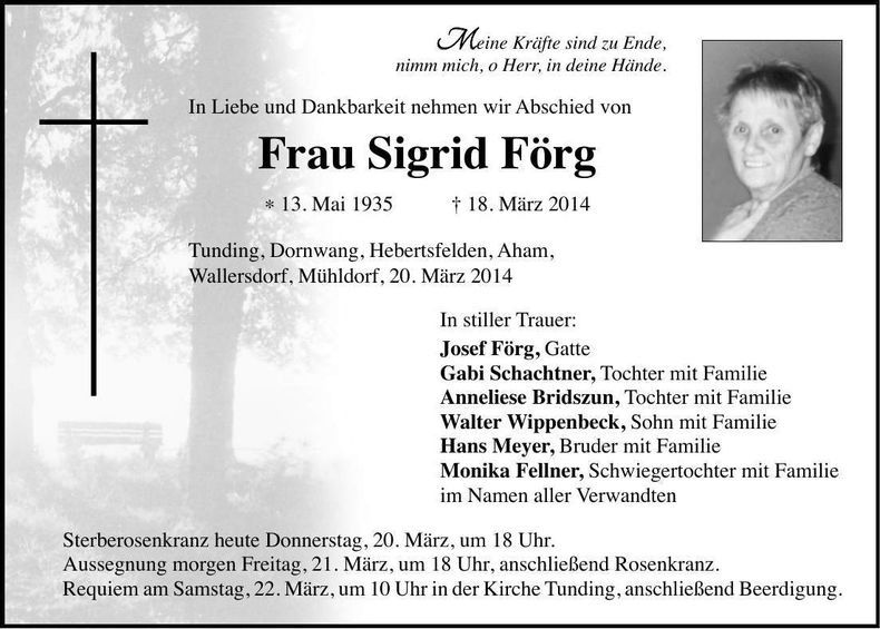 Traueranzeige Sigrid Förg