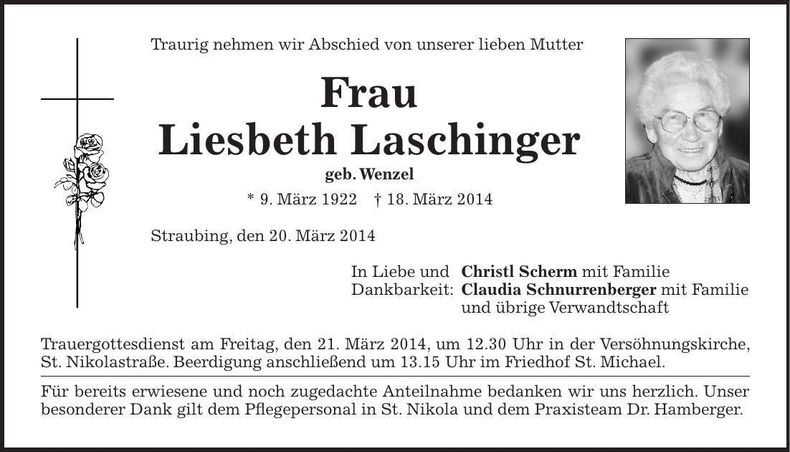 Traueranzeige Liesbeth Laschinger