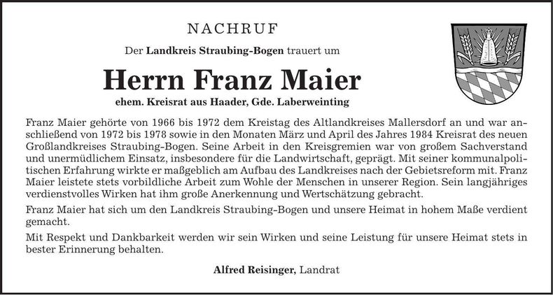 Traueranzeige Franz Maier